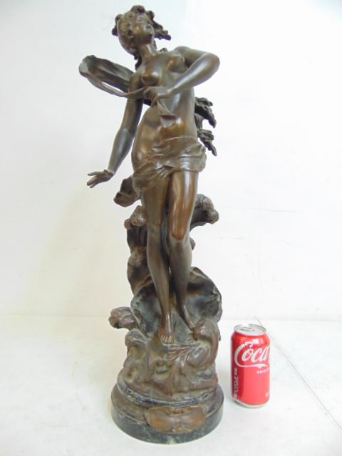 Figural bronze by Auguste Moreau, "Naissance de la Perle", (Birth of the Pearl), on marble base,: Figural bronze by Auguste Moreau, "Naissance de la Perle", (Birth of the Pearl), on marble base, height is 26"