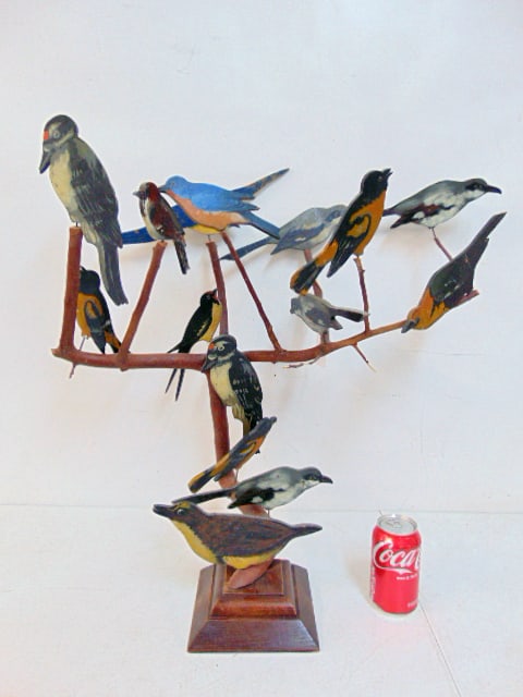 Folksy bird tree sculpture, rustic tree from wood with applied paint decorated 2 dimensional birds, (1 of 5)