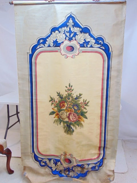 Hand Painted 19th Century paint decorated window shade on silk, 72" by 40", has water damage at: Hand Painted 19th Century paint decorated window shade on silk, 72" by 40", has water damage at bottom.