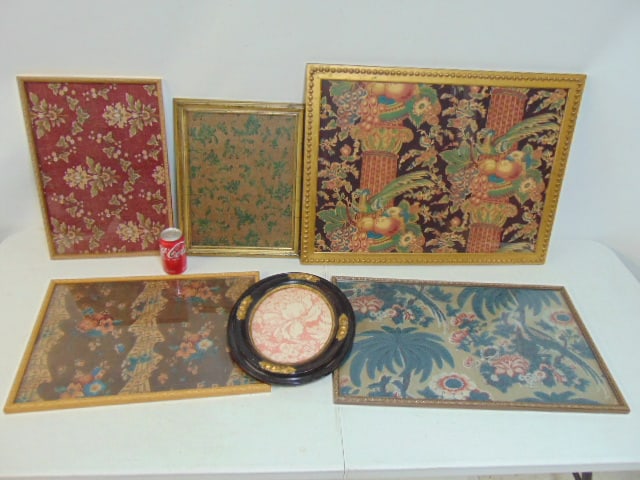 Lot framed textiles, Chintzes, various designs, floral, birds, includes 6 pieces (one oval), largest: Lot framed textiles, Chintzes, various designs, floral, birds, includes 6 pieces (one oval), largest piece is 21.25" by 28.5"