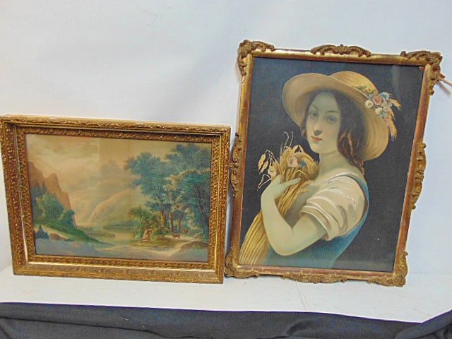 2 pieces art, chromo litho, landscape with deer & print of a girl holding wheat, 19" by 24.75" & 28": 2 pieces art, chromo litho, landscape with deer & print of a girl holding wheat, 19" by 24.75" & 28" by 22.25"