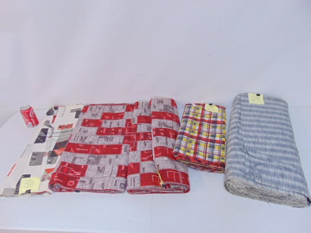 Lot measured textiles, 2 pieces painted bark cloth with mid Century bird motif, 8 yards & 5 yards,: Lot measured textiles, 2 pieces painted bark cloth with mid Century bird motif, 8 yards & 5 yards, glazed cotton panel, grey tweed bark cloth, approx. 14 yards & 2.5 yards of "Atomic 1950's barkcloth