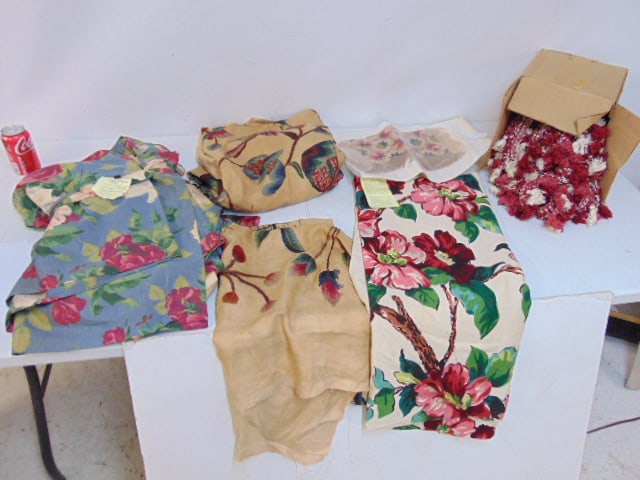 Lot drapes & embroidered textiles, hand painted Panno Mural, style of Dorothy Draper, 6 yards (1 of 8)