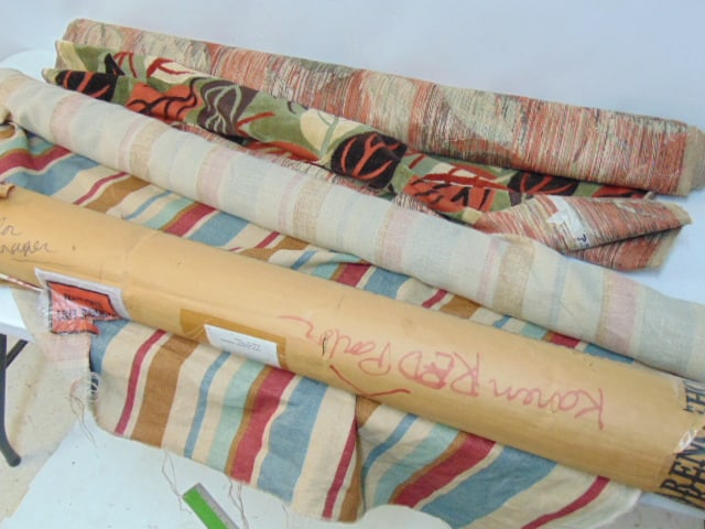 3 bolts of fabric, Clarence house, bolt with leaf pattern, 50" wide, 5 yards, bolt striped pattern,: 3 bolts of fabric, Clarence house, bolt with leaf pattern, 50" wide, 5 yards, bolt striped pattern, 54" & bolt, "Grape Vine", still in original packaging, 55"