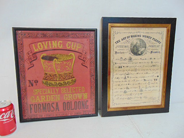 2 framed pamphlets, "Loving Cup, Specially Selected Garden Grown Formosa Oolong" 15.75" by 13 3/8" & (1 of 5)