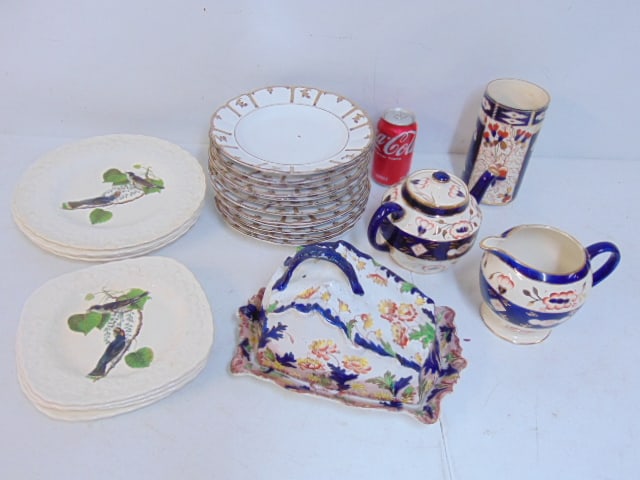Lot china, 4 Alfred Meakin bird decorated 11" dinner plates & 4 8.75" (square) lunch plates, set of (1 of 12)