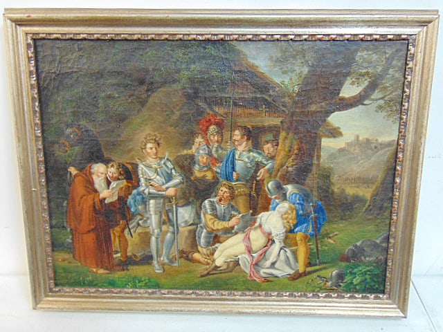 Painting, figures in armor with wounded woman (Joan of Arc ?), monk reading, in landscape setting,: Painting, figures in armor with wounded woman (Joan of Arc ?), monk reading, in landscape setting, unsigned, oil on canvas, writing on stretcher mentions Joan of Arc, Horowitz, appears early, two