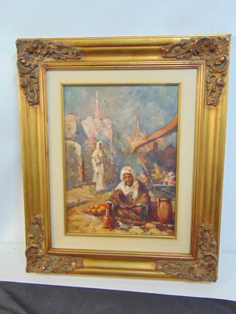 Painting, Middle Eastern market scene, signed illegibly (Antal Peczely ??), oil on panel, 15" by (1 of 4)
