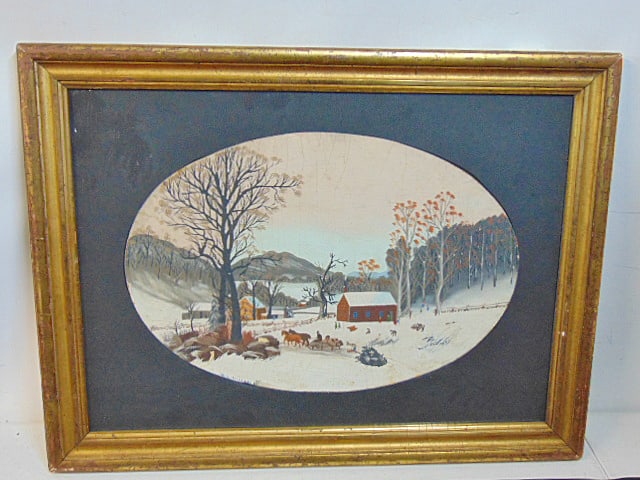 Painting, folksy winter scene, signed W.H. Hollenback, oil on board, 13" by 19.25" (oval), framed (1 of 5)