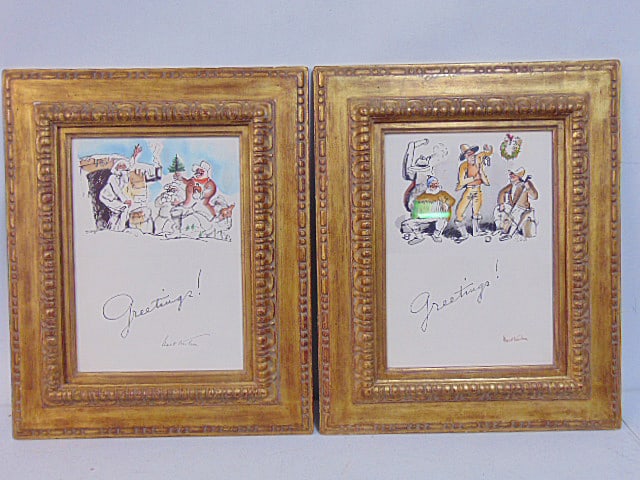 2 drawings, Walt Kuhn, "Greetings", possibly card designs, both signed, 11" by 7.75", framed size is (1 of 6)