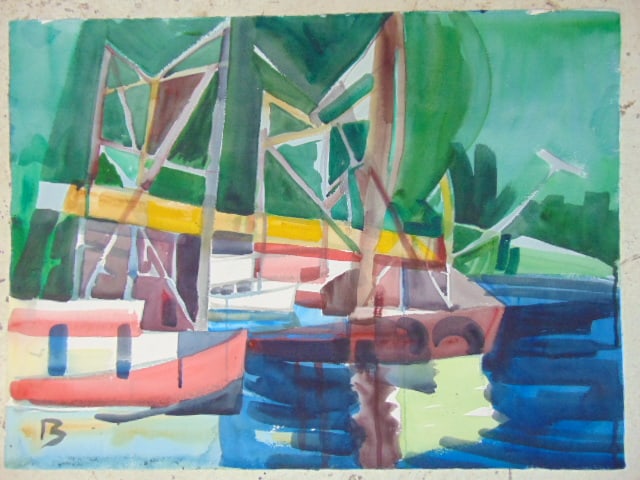 Painting, boats & landscape Leo Brooks, double sided watercolor, 22" by 30", signed both sides "B", (1 of 6)