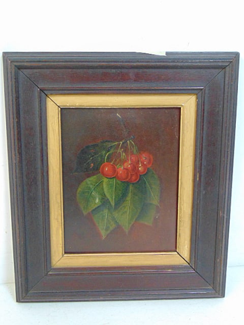 Painting, still-life cherries, sticker on reverse "Attributed to George Henry Hall", oil on wood (1 of 5)