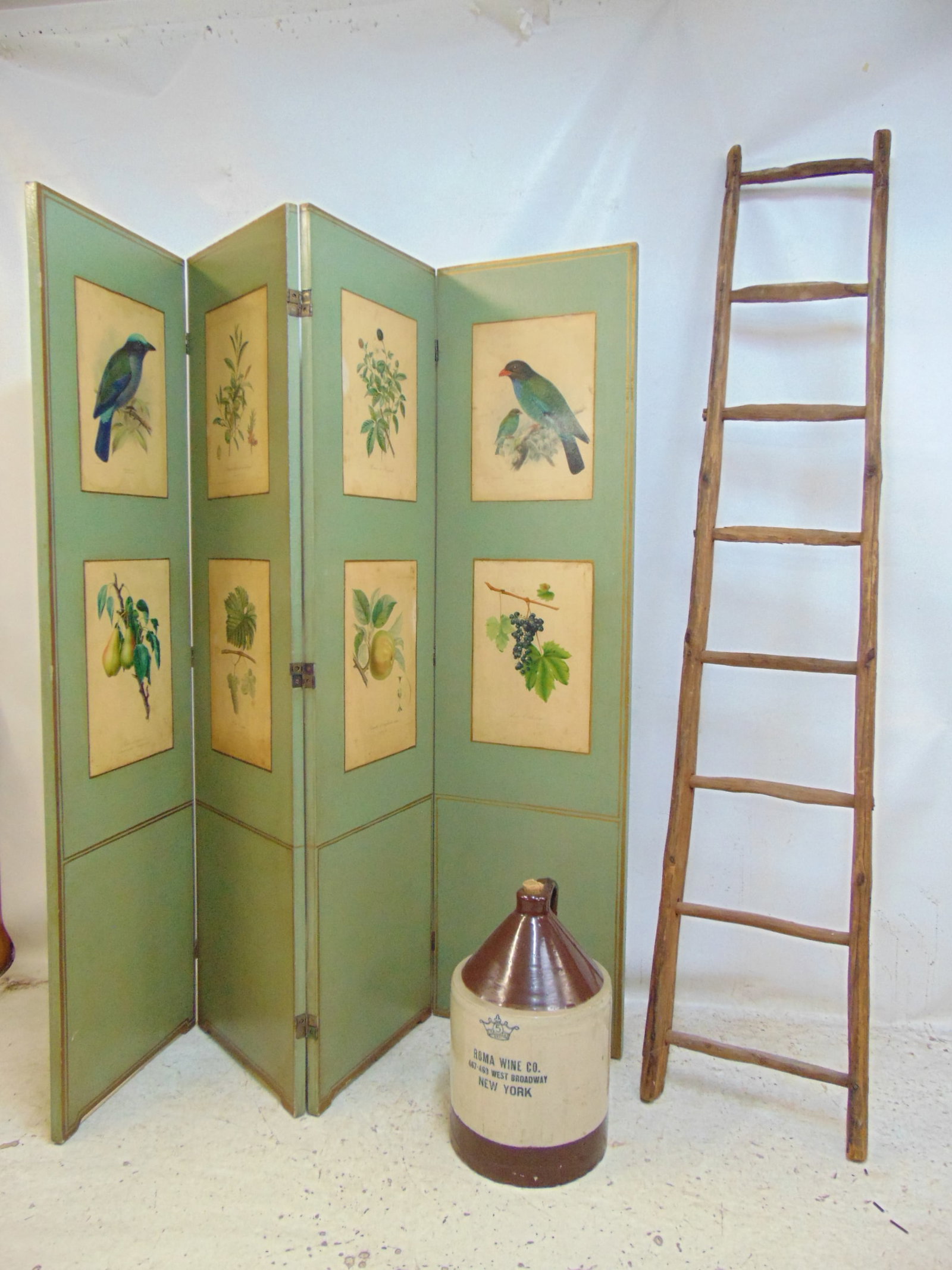 Decorative 4 panel screen, rustic apple ladder & crock, screen with bird & floral decoration (1 of 7)