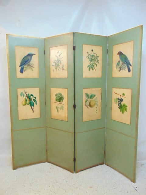 Decorative 4 panel screen, rustic apple ladder & crock, screen with bird & floral decoration (1 of 4)