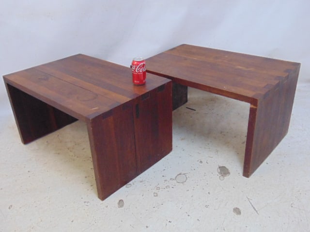 Pair Mid Century jointed end tables, stands, appear Scandinavian, 30" by 20", height is 17.25", used (1 of 5)
