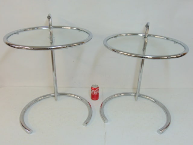 Pair Eileen Gray style chrome adjustable side tables, glass tops, 20" in diameter (1 of 5)