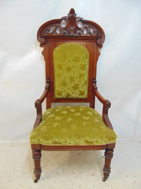 Victorian walnut throne armchair, carved top, green upholstery, chair is 26" wide, 22" deep, height: Victorian walnut throne armchair, carved top, green upholstery, chair is 26" wide, 22" deep, height is 57"