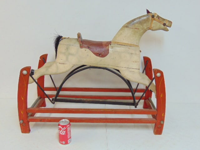Childs rocking horse, carved & painted wood, base is 32" by 13.5", height is 27", missing one ear. (1 of 4)