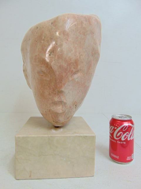 Carved marble sculpture, head in pink on white block form base, signed illegibly (see pictures), (1 of 6)