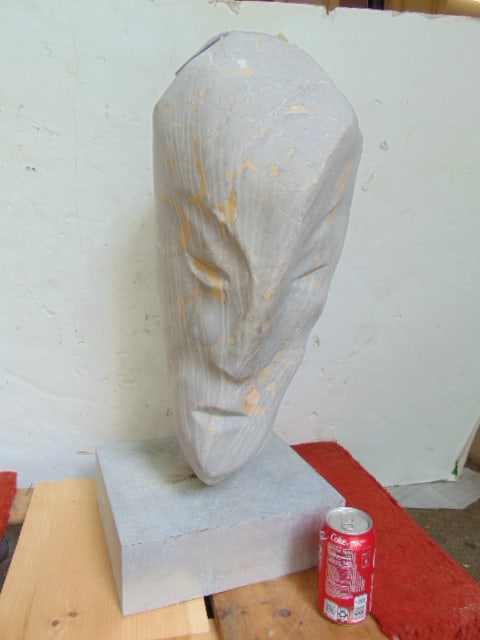 Large carved stone head on marble base, signed E...? illegibly signed, height is 27.75", note, heavy: Large carved stone head on marble base, signed E...? illegibly signed, height is 27.75", note, heavy object.