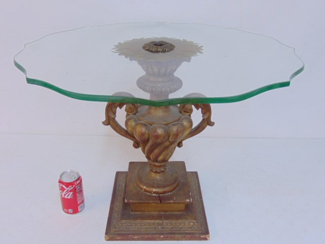 Scalloped glass top table with carved gilt wood base, top is 25.25" in diameter, small chip on (1 of 4)