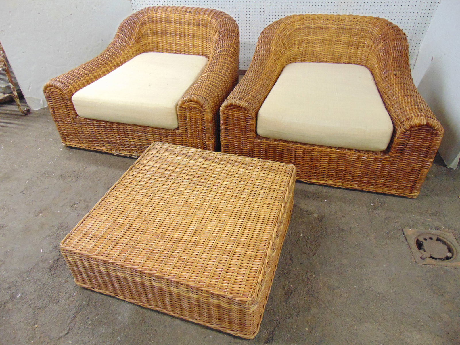 Pair oversized Michael Taylor woven rattan or bamboo chairs with one ottoman, with down stuffed (1 of 18)