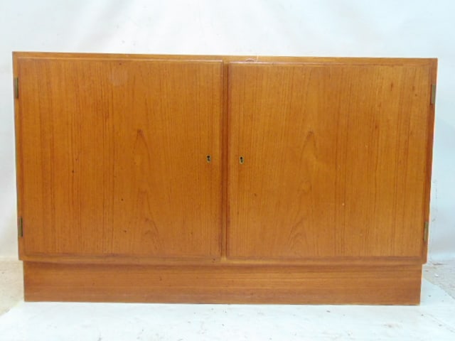 Small mid Century double door cabinet, 42.5" by 16.75", height is 26", shelves missing, has one (1 of 3)