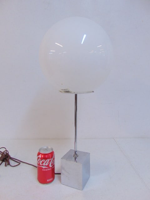 Robert Sonneman style Lollipop lamp, Mid Century Chrome base table lamp with milk glass globe,: Robert Sonneman style Lollipop lamp, Mid Century Chrome base table lamp with milk glass globe, height is 23", globe replaced.