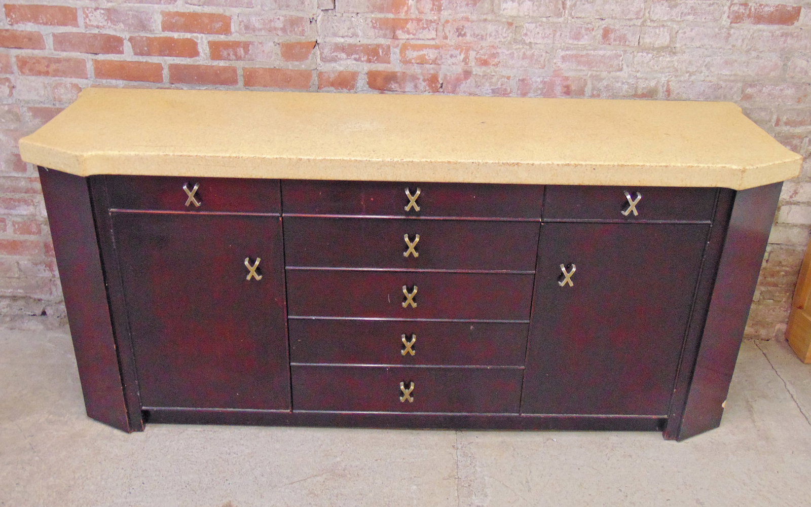 Paul Frankl for John Stuart mahogany cork top credenza or sideboard, 72" by 20.75", height is: Paul Frankl for John Stuart mahogany cork top credenza or sideboard, 72" by 20.75", height is 22.75", small chip front bottom corner, some minor scratches.
