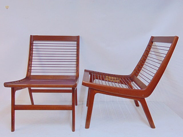 Pair Mid Century Danish style teak chairs with horizontal cord support, manner of Peter Hvidt, (1 of 7)