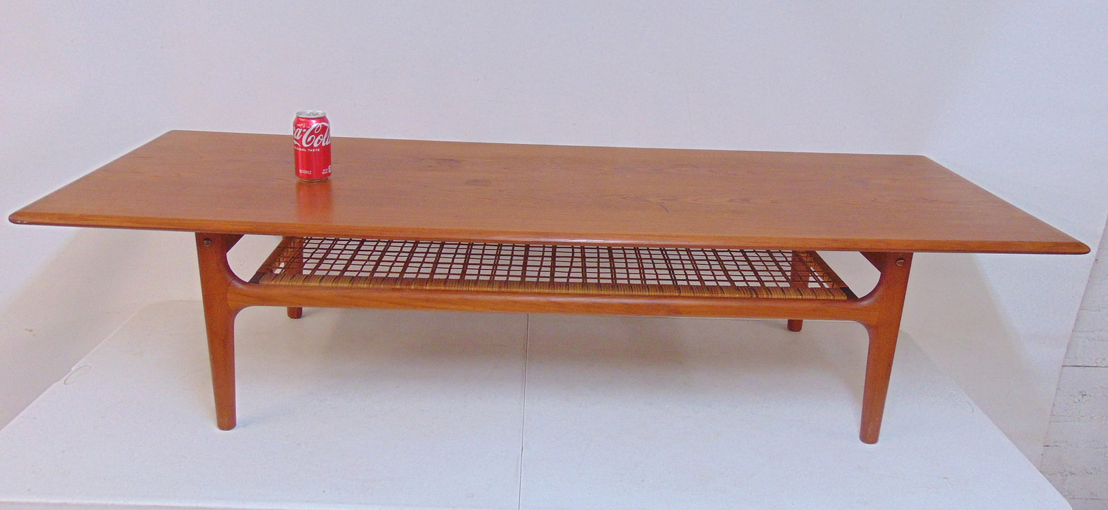 Trioh Danish Modern teak coffee table with magazine shelf, table is 68.5" long, 24.25" deep, height (1 of 7)