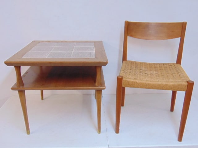 Mid Century tile top two tier stand & side chair, manner of Poul Volther, stand is 24" by 24", (1 of 5)