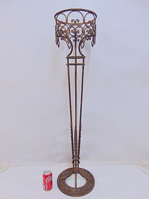 Oscar Boch style wrought iron standing planter, insert missing, stand is 43.75" tall, top diameter (1 of 4)