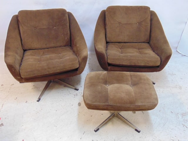 Pair Danish modern brown upholstered chairs with one ottoman, for John Stuart International (1 of 6)