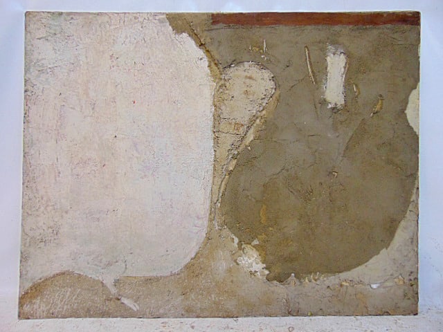 Painting, mixed media, abstract, Bob Boernstein, paint & applied cement (?), 24" by 62.5", has band: Painting, mixed media, abstract, Bob Boernstein, paint & applied cement (?), 24" by 62.5", has band of missing paint upper right (see images).