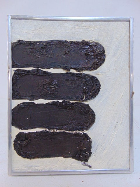 Painting, "Black Umber Bars on White, William McDonough, exhibit Marist College, May-June, 1968, oil: Painting, "Black Umber Bars on White, William McDonough, exhibit Marist College, May-June, 1968, oil on canvas, 10" by 8"