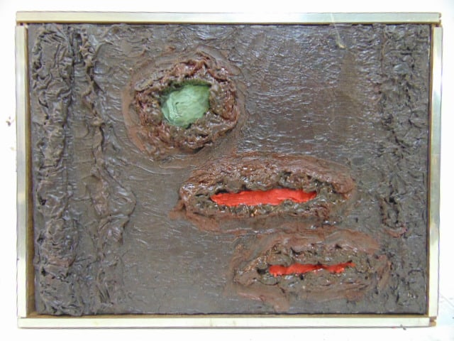 Painting, "Umber Monochrome, Red Bars and Green Dot", William McDonough, oil on canvas, 8" by 11" (1 of 2)