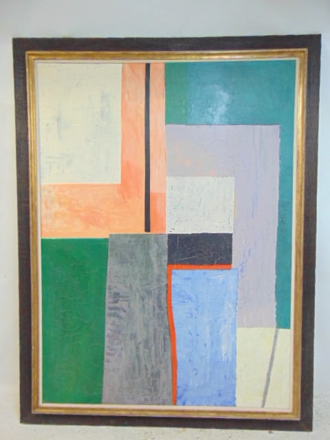 Large painting, abstract, signed R. Marcil (Rene) 1966, oil on canvas, framed size 77.5" by 59.5" (1 of 7)