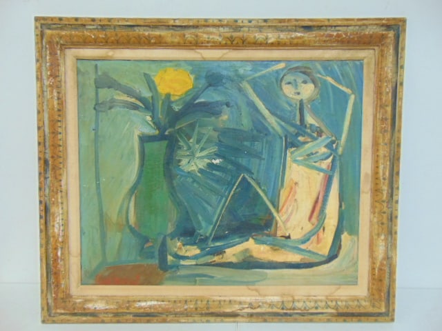 Painting, figure by flower, signed Rene Marcil, oil on canvas, 26" by 32", framed size is 34.5" by (1 of 4)