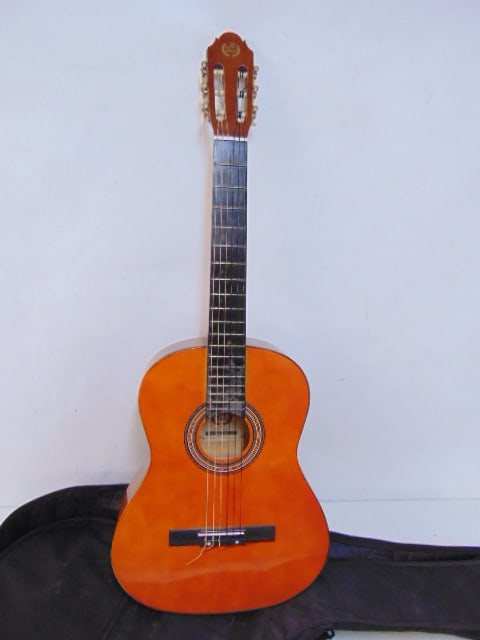MBAJ Unchained Melody Acoustic guitar, S/N 3910, length is 39.25", body is 19", with soft case,: MBAJ Unchained Melody Acoustic guitar, S/N 3910, length is 39.25", body is 19", with soft case, slight separation between neck & body