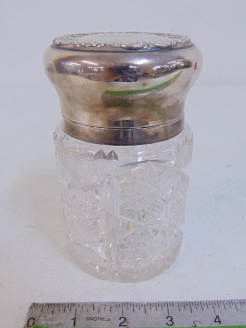 Cut glass jar with sterling silver lid, 3 plus troy, monogrammed, 5.5" tall, 3.5" wide.: Cut glass jar with sterling silver lid, 3 plus troy, monogrammed, 5.5" tall, 3.5" wide.