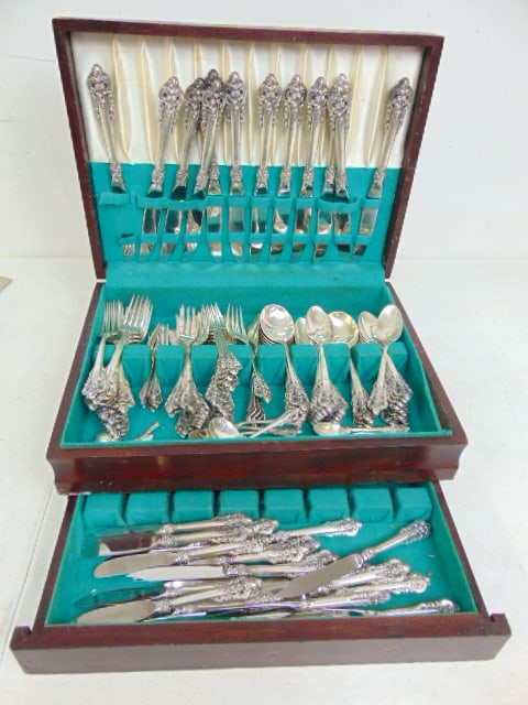 Set sterling silver flatware, Wallace Grand Baroque, 121.5 troy plus 12 dinner knives & 20 lunch (1 of 6)