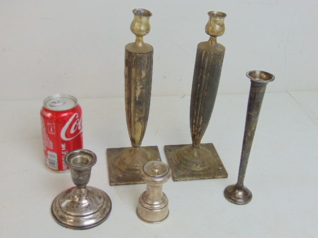 Lot weighted sterling, pair candlesticks, single vase, small candle holder, pepper grinder. (1 of 2)