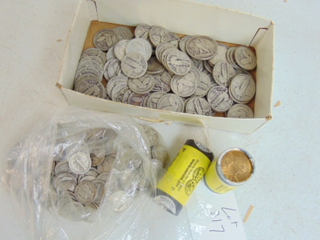 Silver currency lot, 33 silver quarters, 210 silver dimes total currency price $29.25, plus two $25 (1 of 5)