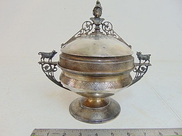 Sterling silver covered butter dish or bowl with silver plated liner, with figural cow decoration, (1 of 6)