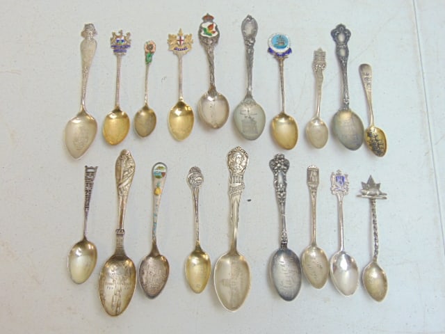 Lot sterling silver souvenir spoons, 10 troy, some with enameled decoration (1 of 5)