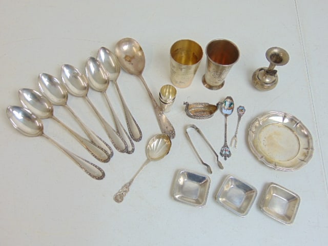 Lot '800 silver hollowware, set spoons, small dishes, miniature Viking ship salt, enameled souvenir (1 of 5)