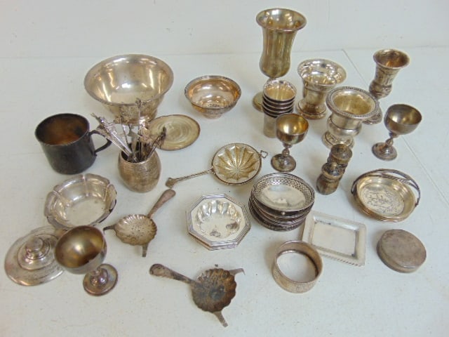 Large lot of sterling hollowware, bowls, several sets of nut dishes, cups, more, total weight is 41 (1 of 5)