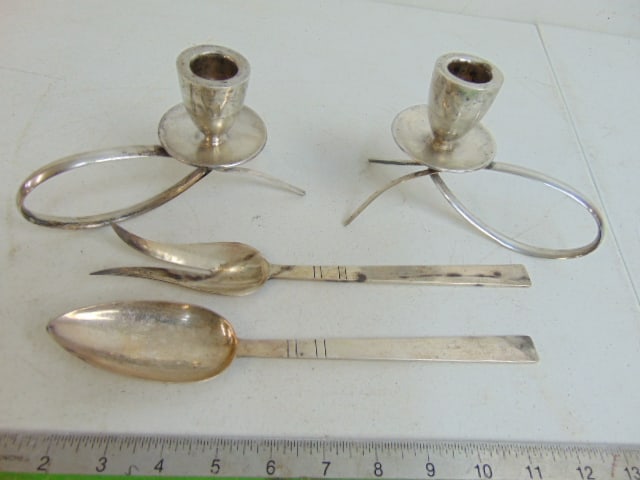 Pair Fabian Mexican sterling candle holders & Randahl sterling silver handwrought serving spoon & (1 of 6)