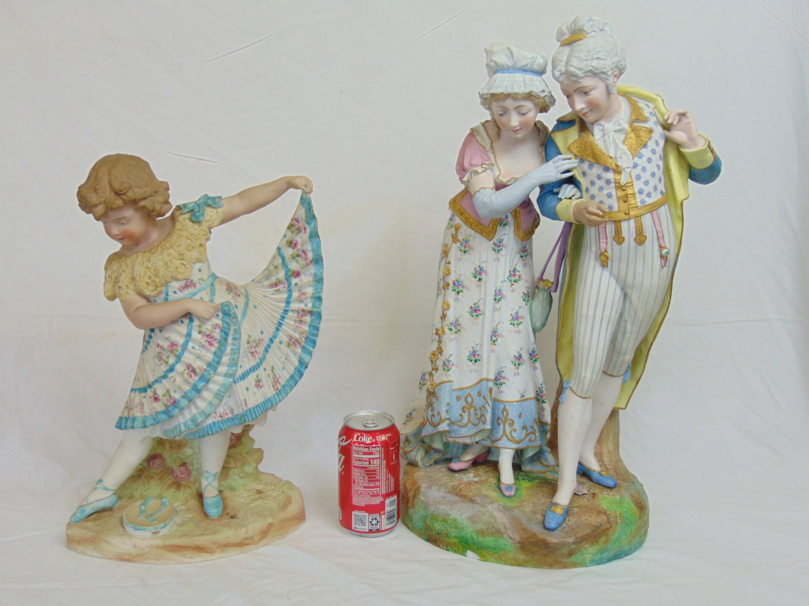 2 large bisque porcelain figurines, girl holding her dress, 15.5" tall attributed to Heubach & man & (1 of 12)